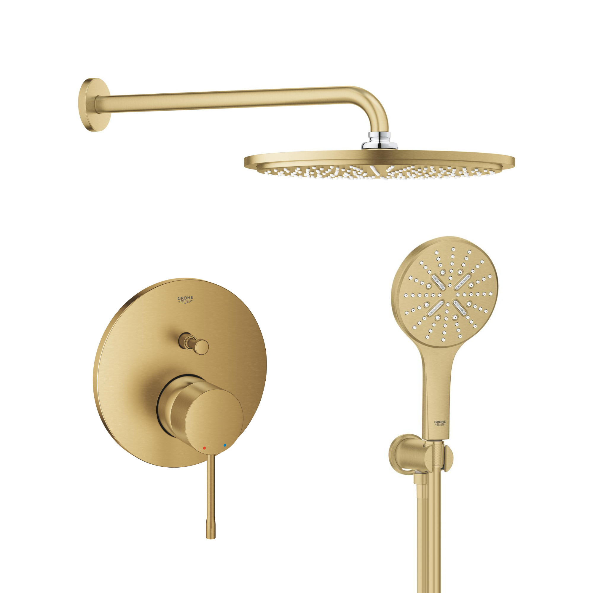 Készlet fejzuhany karral Grohe Rainshower 26066GN0, kád és zuhany csaptelep Grohe Essence 24058GN1, 26574GN0, 26658GN0, 28362GL1
