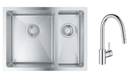 Készlet acél mosogató Grohe K700 31577SD1, konyhai csaptelep Grohe Eurosmart Cosmopolitan 31481001