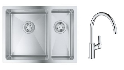 Készlet acél mosogató Grohe K700 31577SD1, konyhai csaptelep Grohe Start Edge 30529001