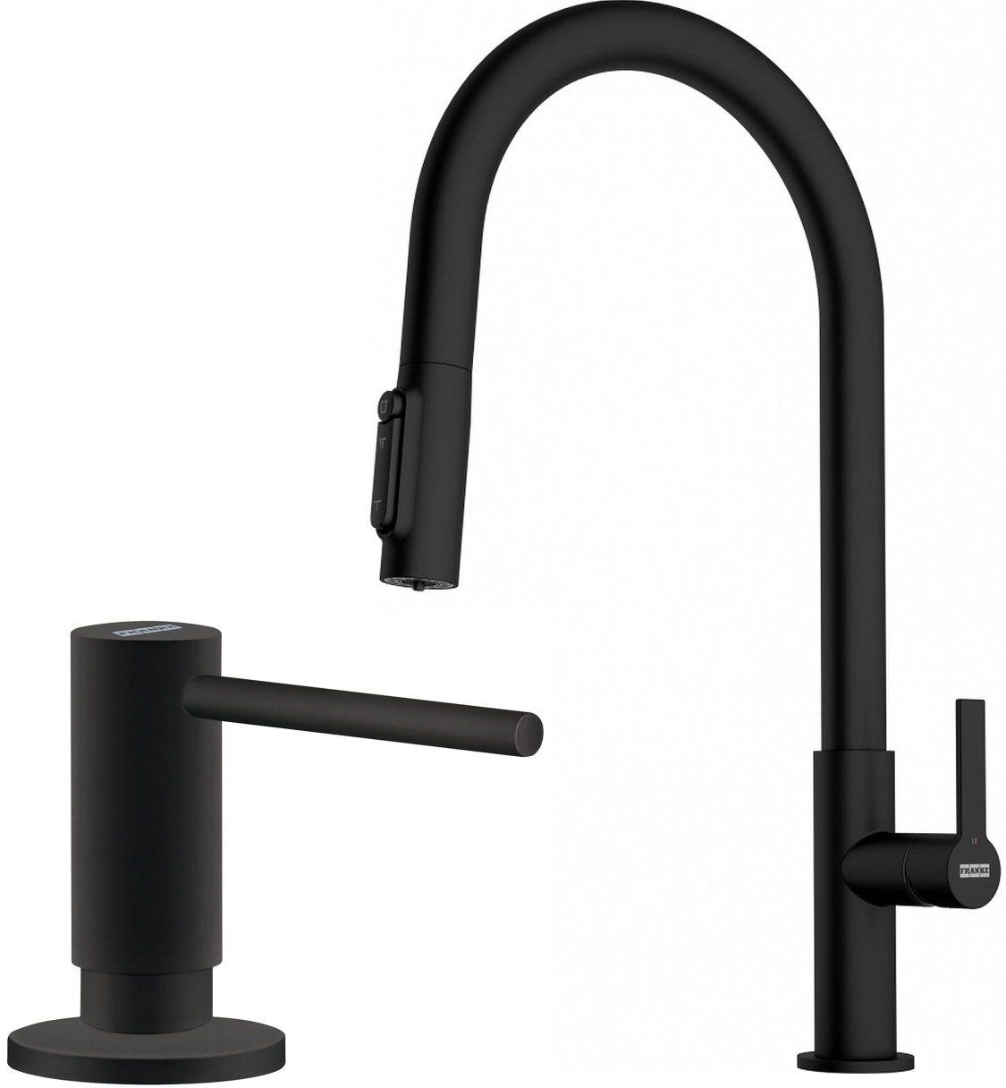 Készlet konyhai csaptelep Franke Maris Slim Clear Water J Pull-Out 120.0730.911, folyadékadagoló Franke Active SM 119.0547.906