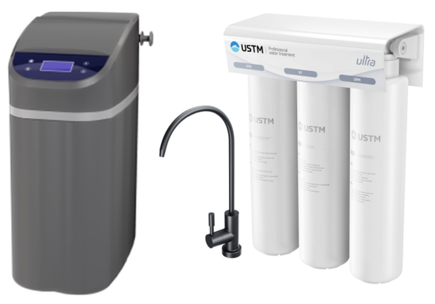 Készlet víztisztító berendezések USTM Grey WS9LCDG, mosogató alatti szűrő USTM Ultra ULTRABLACKSTYLE