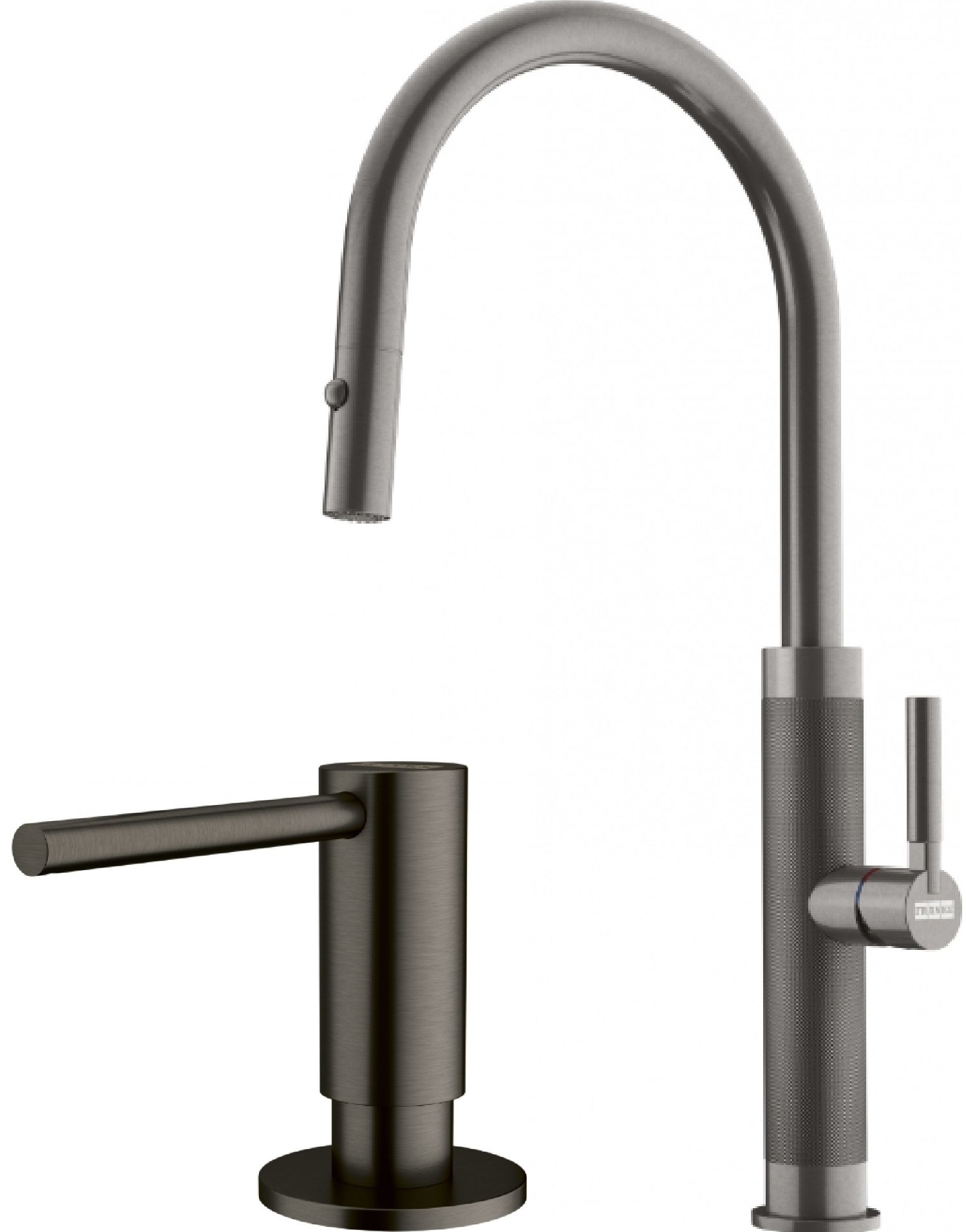 Készlet konyhai csaptelep Franke Mythos Masterpiece Pull-Out Spray 115.0711.555, folyadékadagoló Franke Atlas 112.0717.103