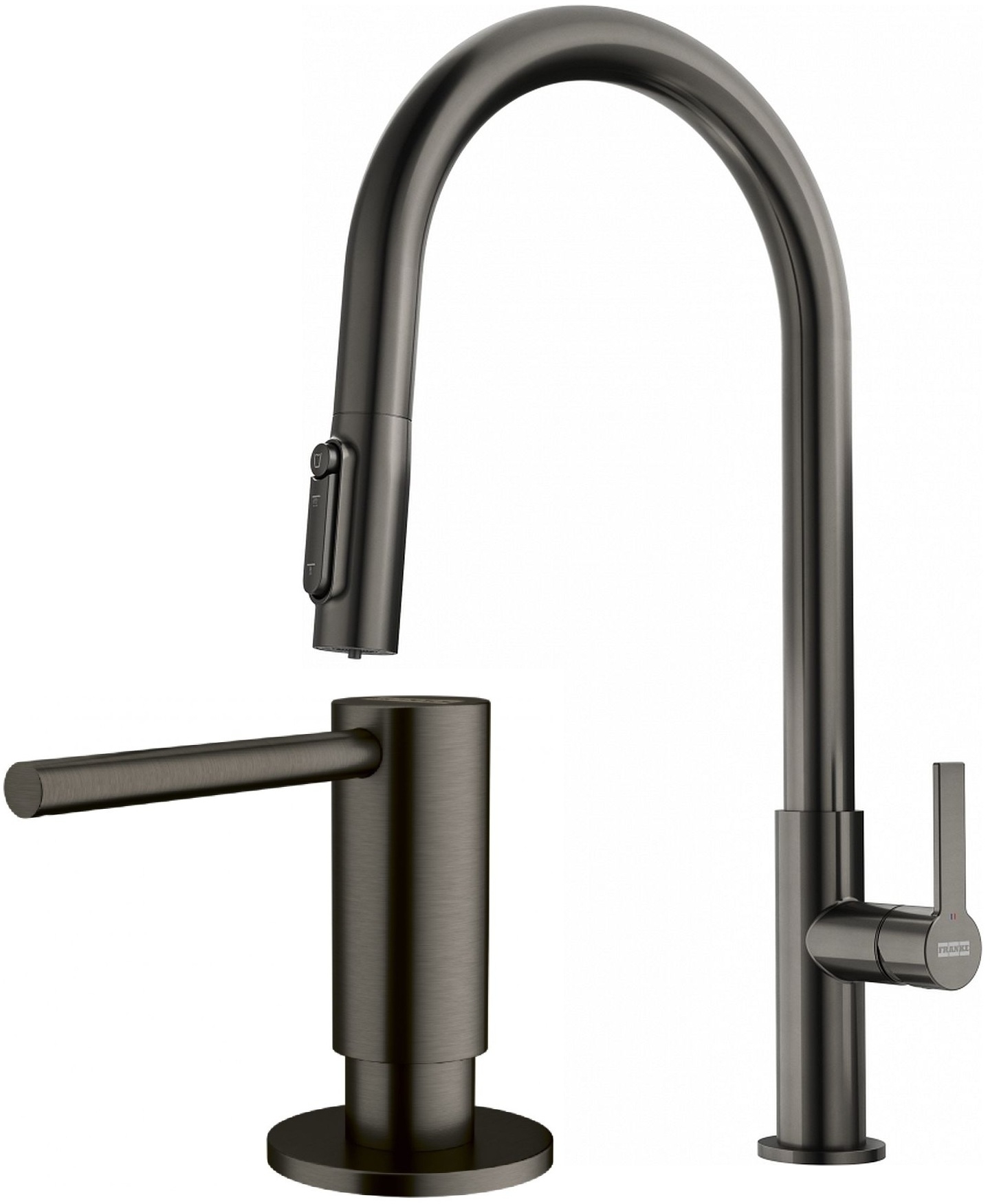 Készlet konyhai csaptelep Franke Maris Slim Clear Water J Pull-Out 120.0736.603, folyadékadagoló Franke Atlas 112.0717.103