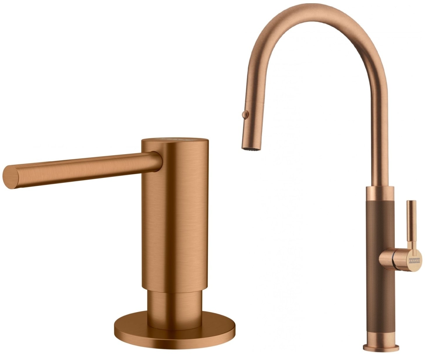 Készlet konyhai csaptelep Franke Mythos Masterpiece Pull-Out Spray 115.0711.557, folyadékadagoló Franke Atlas 112.0717.104