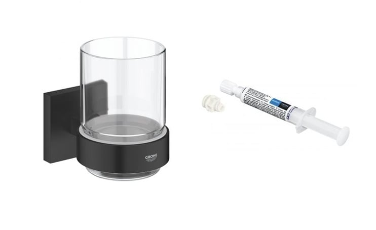 Készlet fogmosó pohár Grohe Start Cube 410972430, ragasztó Grohe QuickGlue 41127000
