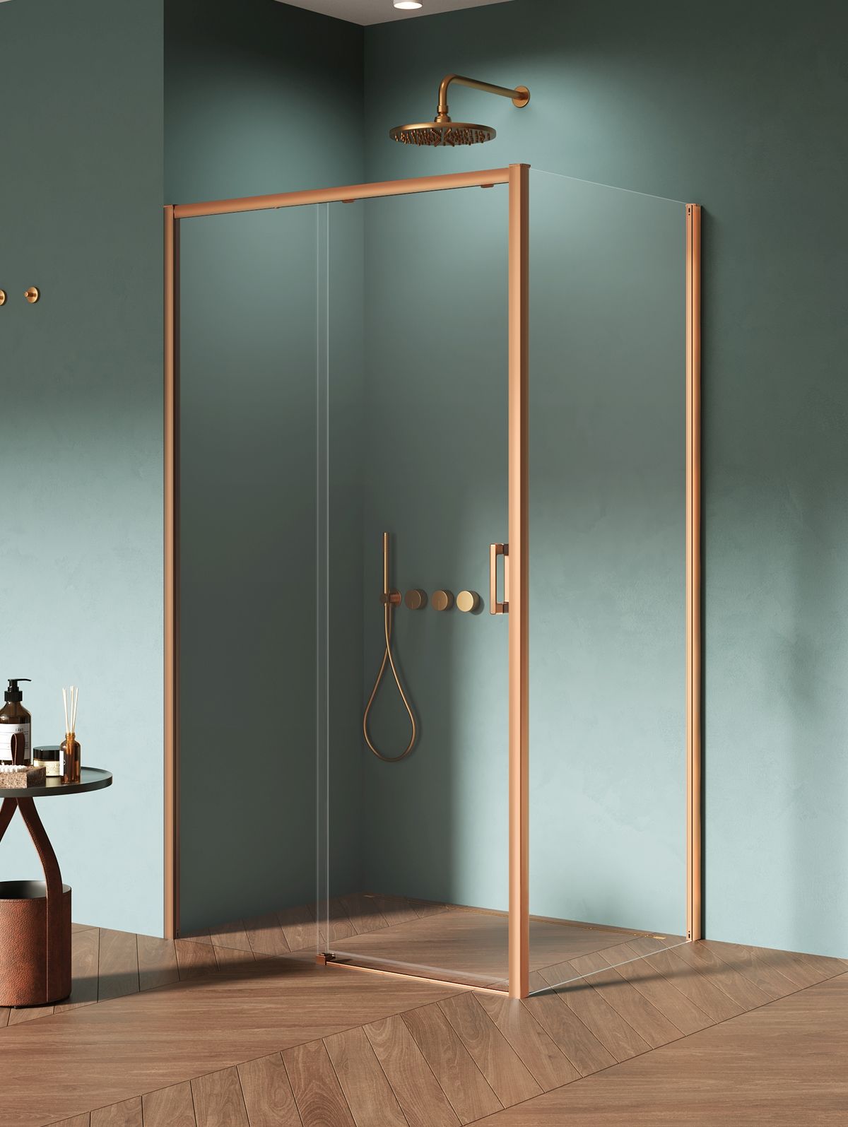 New Trendy Prime Copper Brushed zuhanykabin 140x90 cm négyszögletes réz csiszolt/átlátszó üveg D-0820A/D-0342B