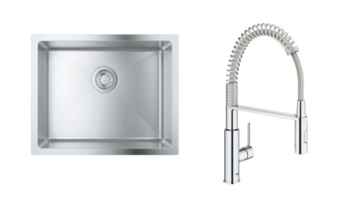 Készlet konyhai csaptelep Grohe Get 30361000, acél mosogató Grohe K700 31574SD1