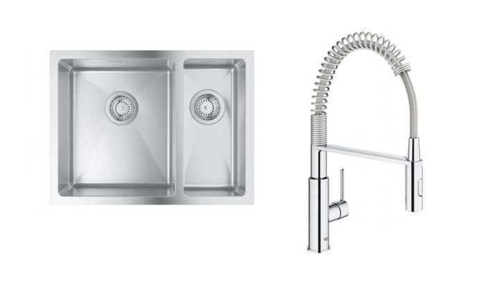 Készlet acél mosogató Grohe K700 31577SD1, konyhai csaptelep Grohe Get 30361000