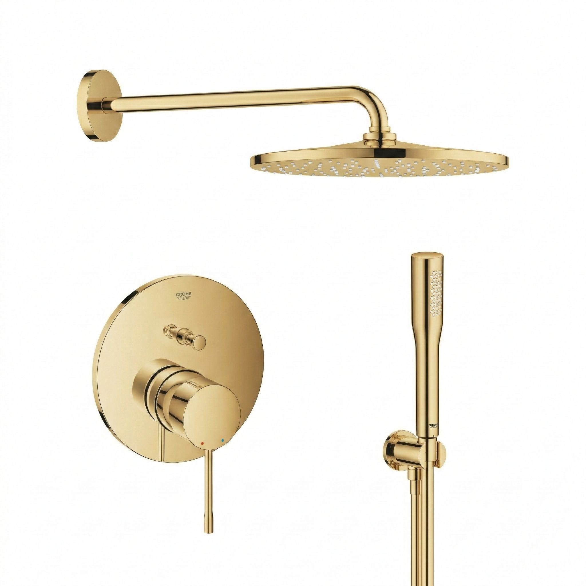 Készlet fejzuhany Grohe Rainshower 26066GL0, kád és zuhany csaptelep Grohe Essence 24058GL1, 26658GL0, 27400GL0, 28362GL1