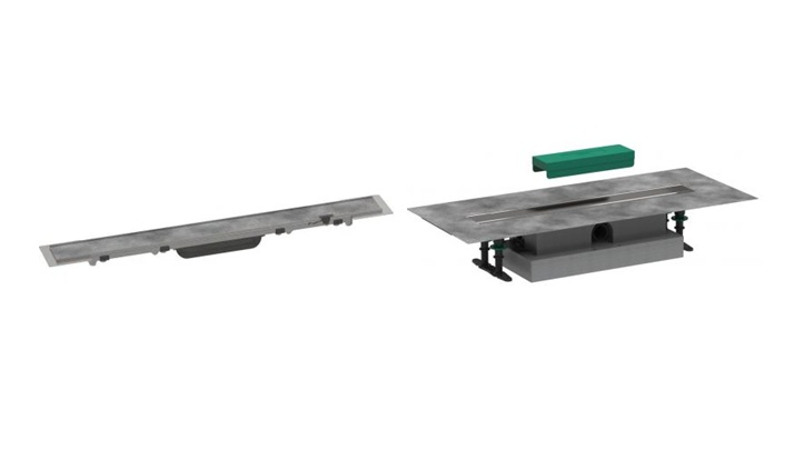 Készlet lineáris lefolyó Hansgrohe uBox Universal 56021180, a lefolyó külső eleme Hansgrohe RainDrain Rock 56034000