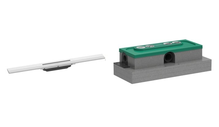 Készlet a lefolyó külső eleme Hansgrohe Raindrain 56043700, beépítőszett Hansgrohe uBox Universal 1000180