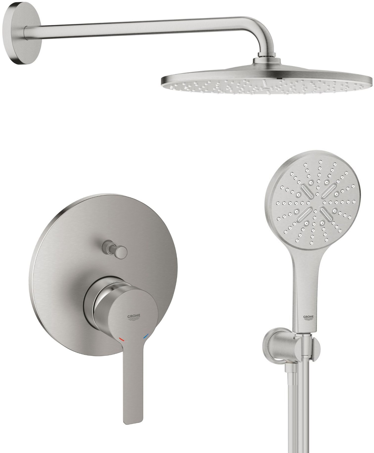 Készlet fejzuhany karral Grohe Rainshower 26558DC0, kád és zuhany csaptelep Grohe Lineare 24064DC1, 26574DC0, 26658DC0, 28362DC1