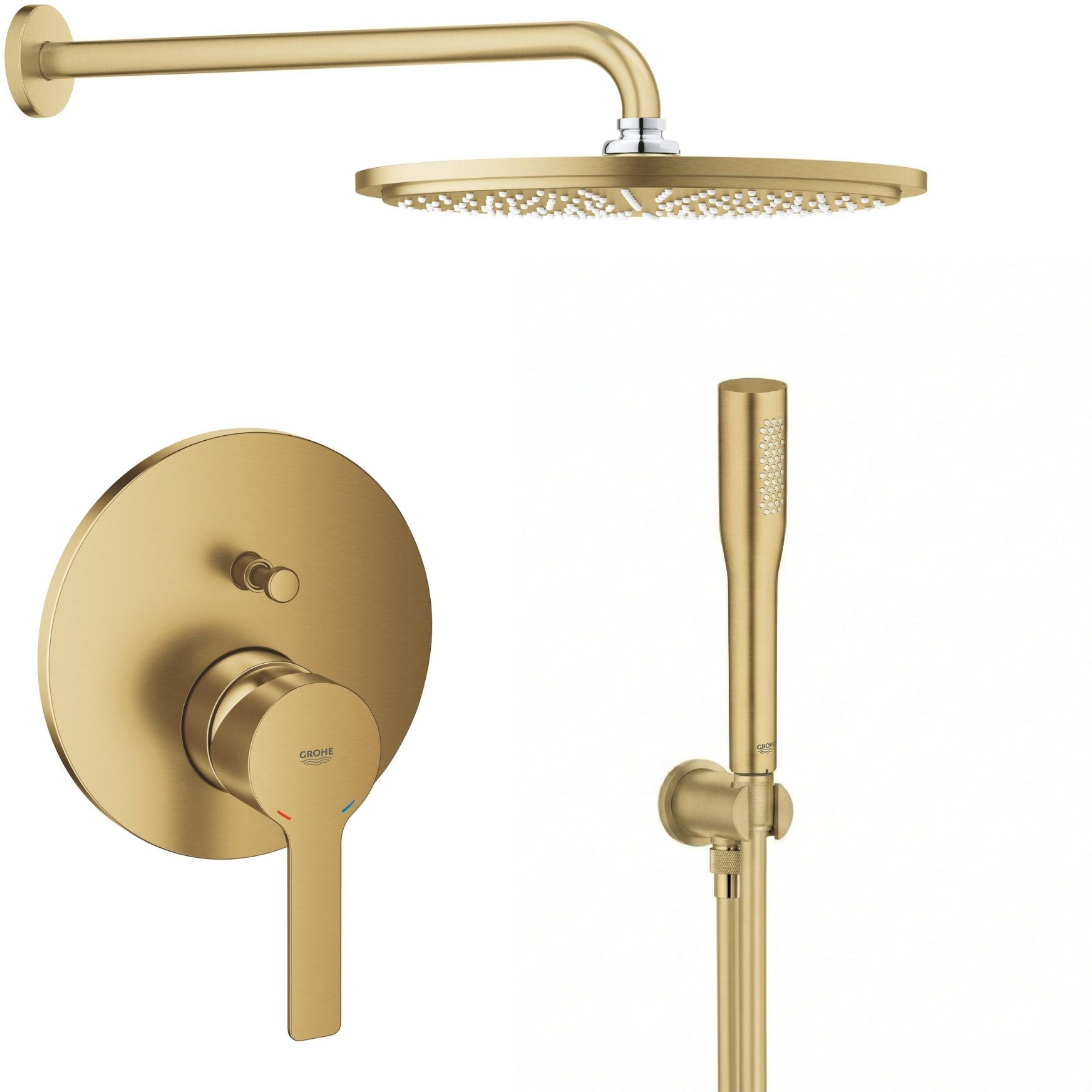 Készlet fejzuhany karral Grohe Rainshower 26066GN0, kád és zuhany csaptelep Grohe Lineare 24064GN1, 26658GN0, 27400GN0, 28362GL1
