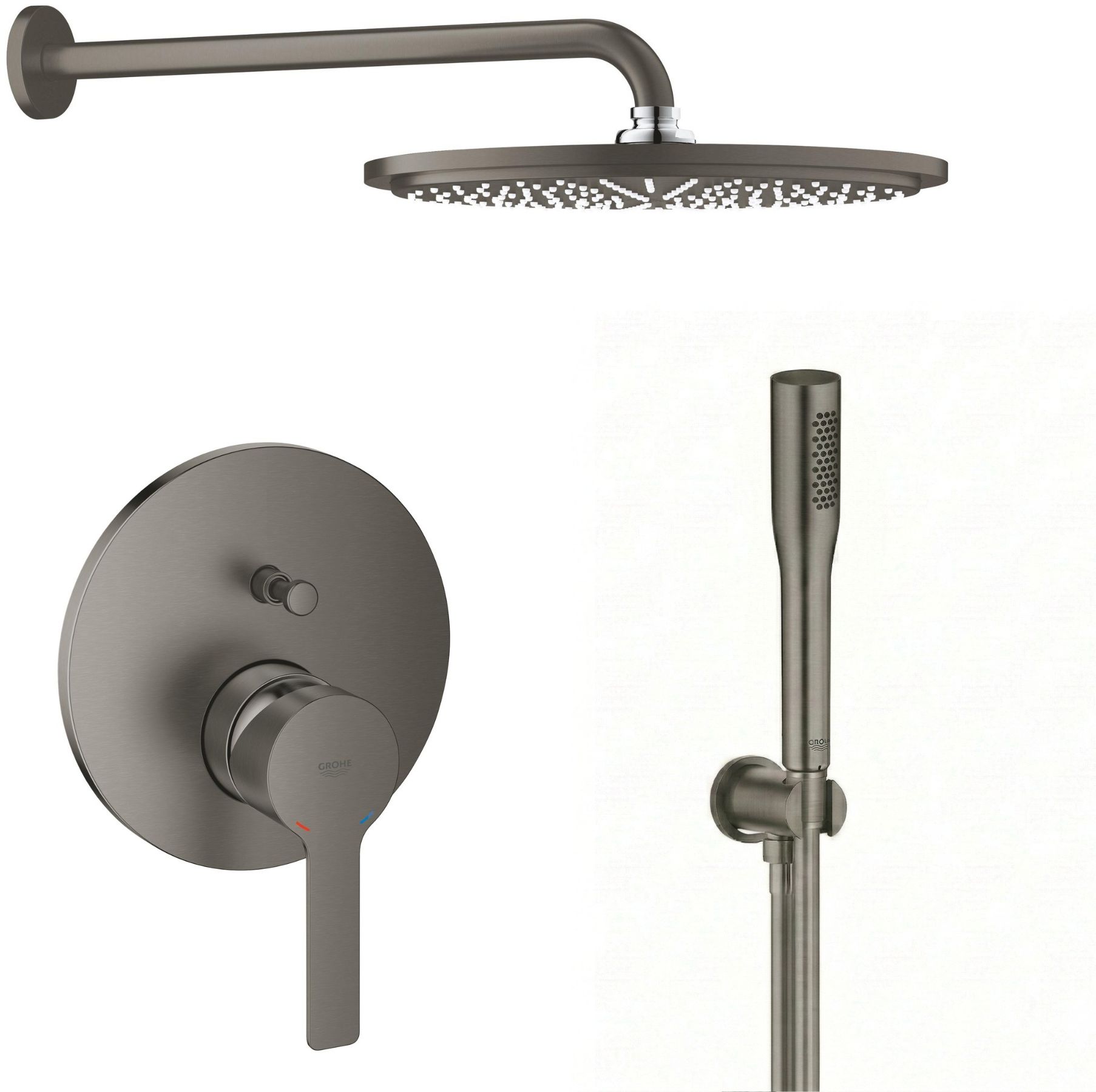 Készlet fejzuhany karral Grohe Rainshower 26066AL0, kád és zuhany csaptelep Grohe Lineare 24064AL1, 26658AL0, 27400AL0, 28362A01