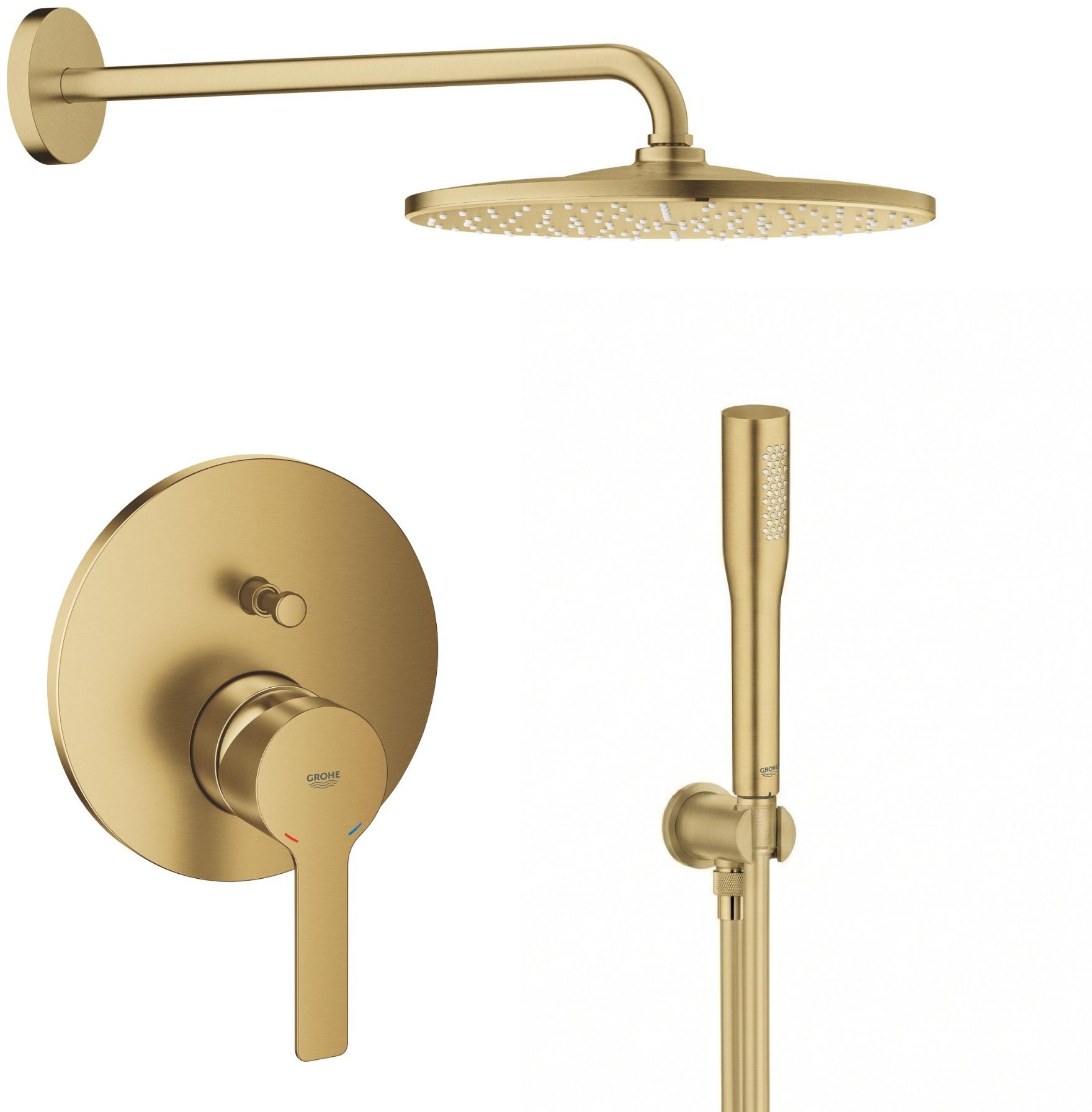 Készlet fejzuhany karral Grohe Rainshower 26558GN0, kád és zuhany csaptelep Grohe Lineare 24064GN1, 26658GN0, 27400GN0, 28362GL1