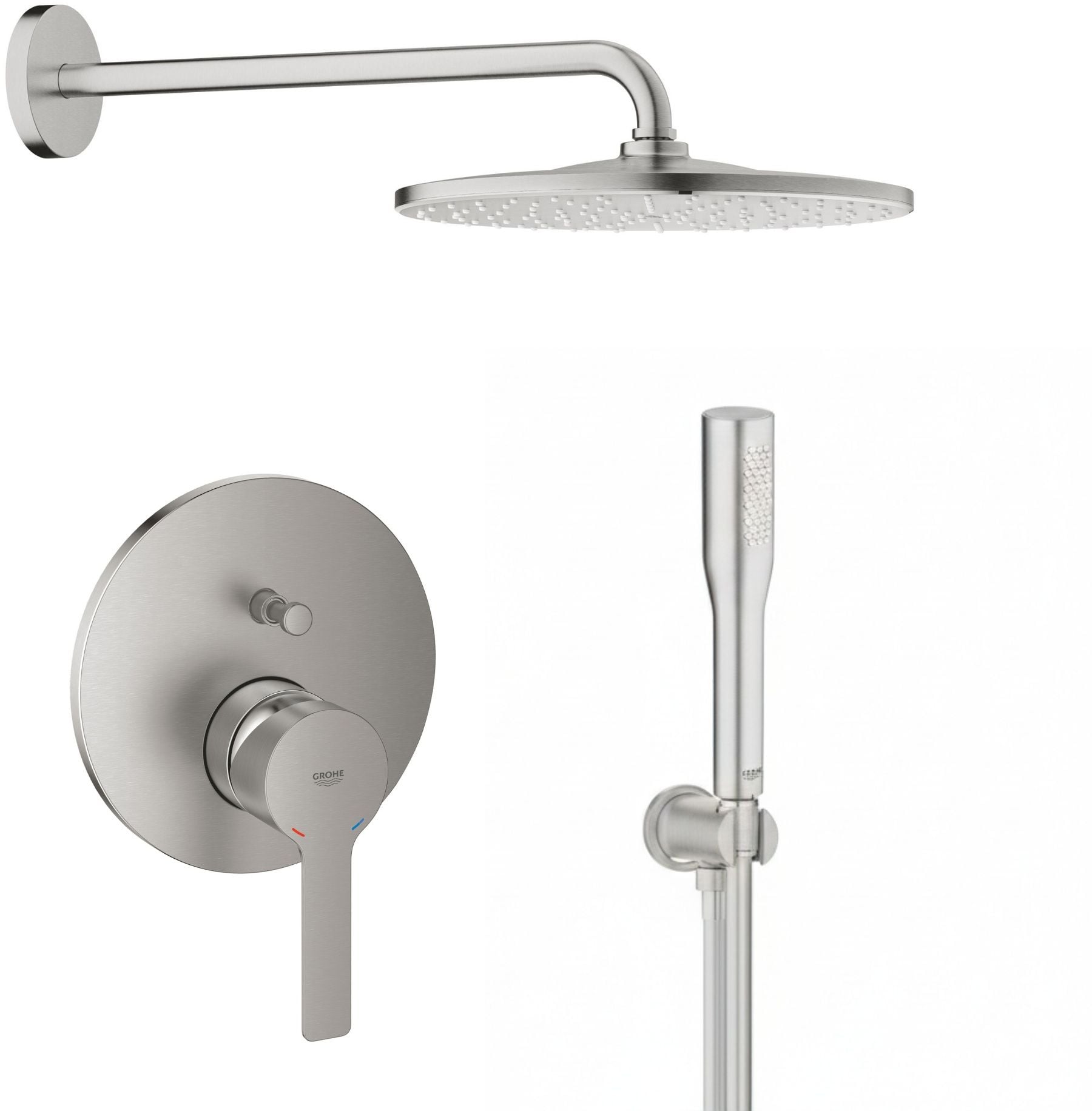 Készlet fejzuhany karral Grohe Rainshower 26558DC0, kád és zuhany csaptelep Grohe Lineare 24064DC1, 26658DC0, 27400DC0, 28362DC1