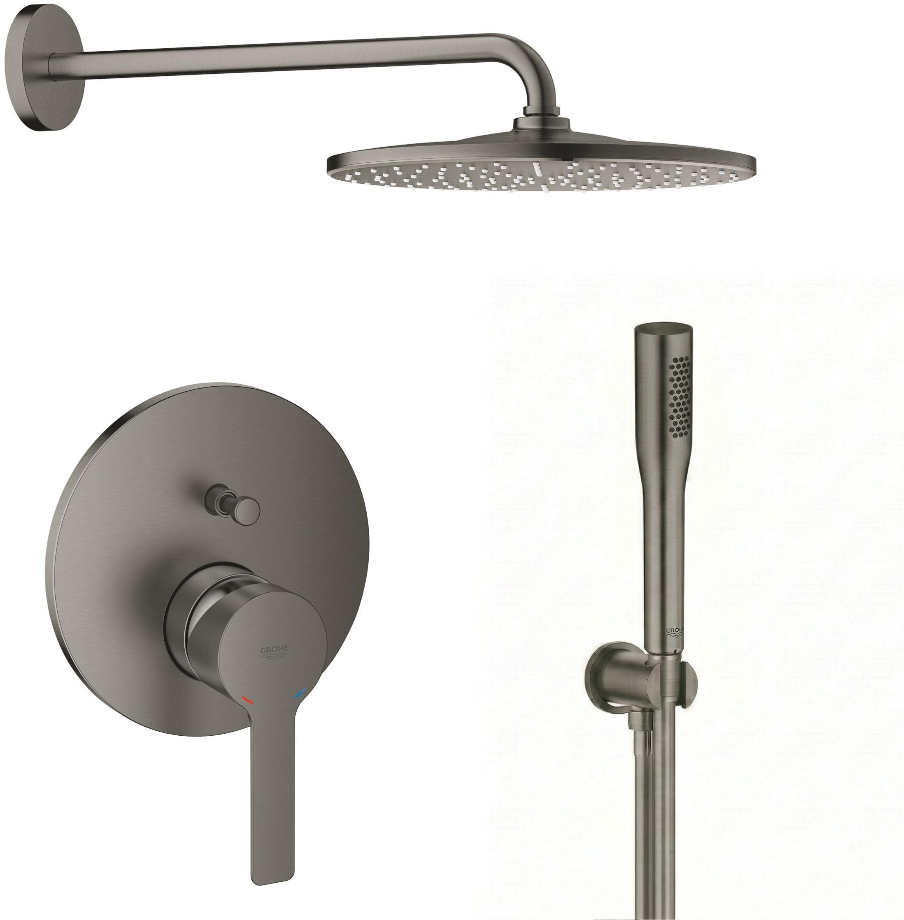 Készlet fejzuhany karral Grohe Rainshower 26558AL0, kád és zuhany csaptelep Grohe Lineare 24064AL1, 26658AL0, 27400AL0, 28362A01