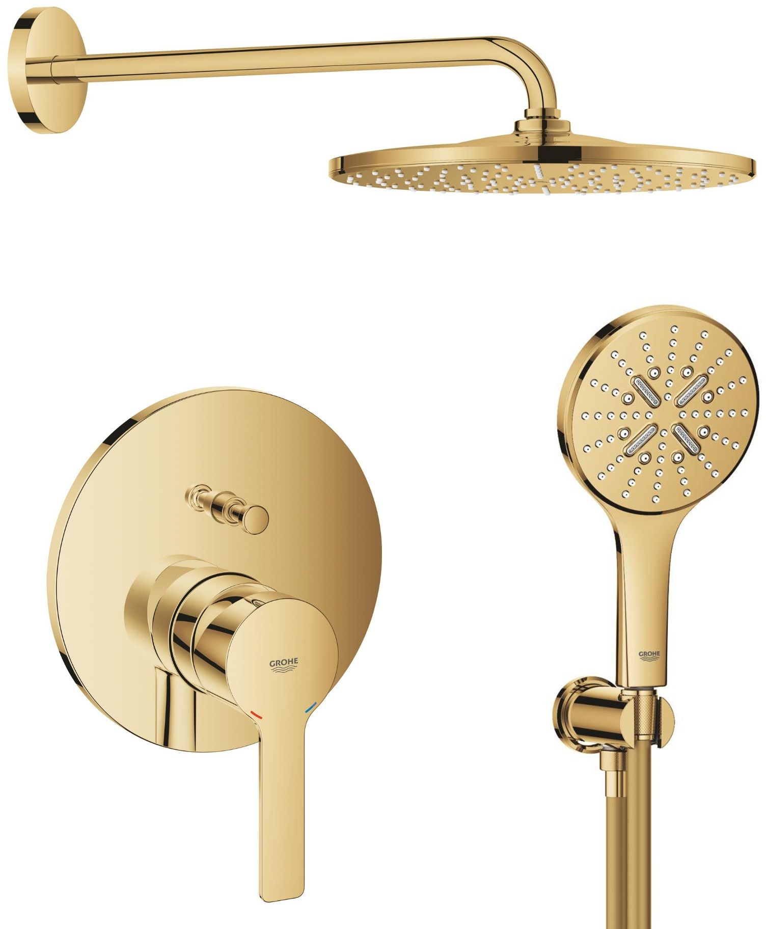 Készlet fejzuhany karral Grohe Rainshower 26558GL0, kád és zuhany csaptelep Grohe Lineare 24064GL1, 26574GL0, 26658GL0, 28362GL1