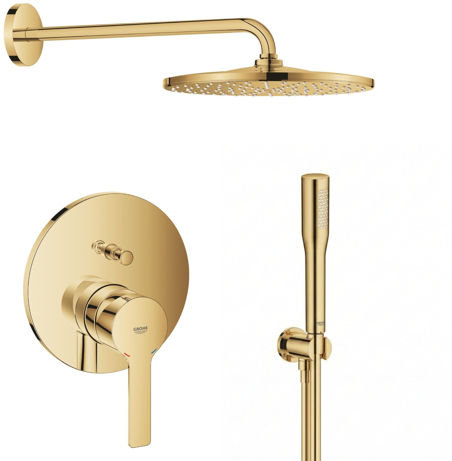 Készlet fejzuhany karral Grohe Rainshower 26558GL0, kád és zuhany csaptelep Grohe Lineare 24064GL1, 26658GL0, 27400GL0, 28362GL1