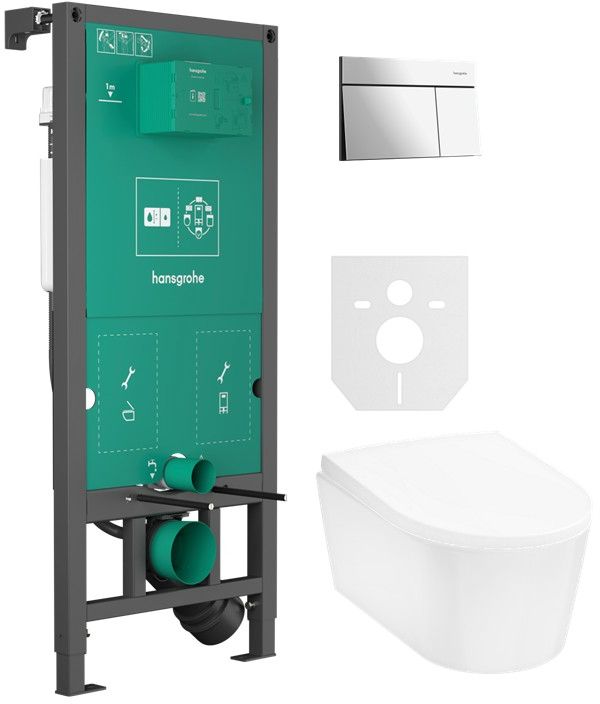 Készlet öblítő gomb Hansgrohe Element E 66003000, WC csésze Hansgrohe EluPura S 60193450, 01022180, 60148450