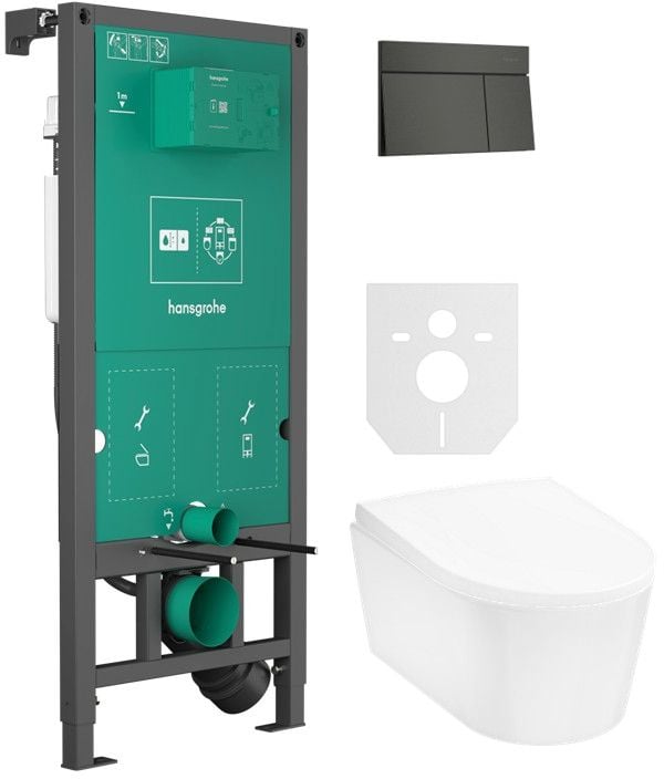 Készlet öblítő gomb Hansgrohe Element E 66003340, WC csésze Hansgrohe EluPura S 60193450, 01022180, 60148450