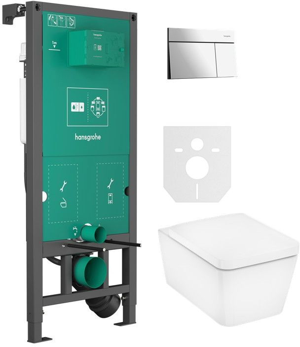 Készlet WC csésze lassú záródású ülőkével Hansgrohe EluPura Q 60293450, öblítő gomb Hansgrohe Element E 66003000, 01022180