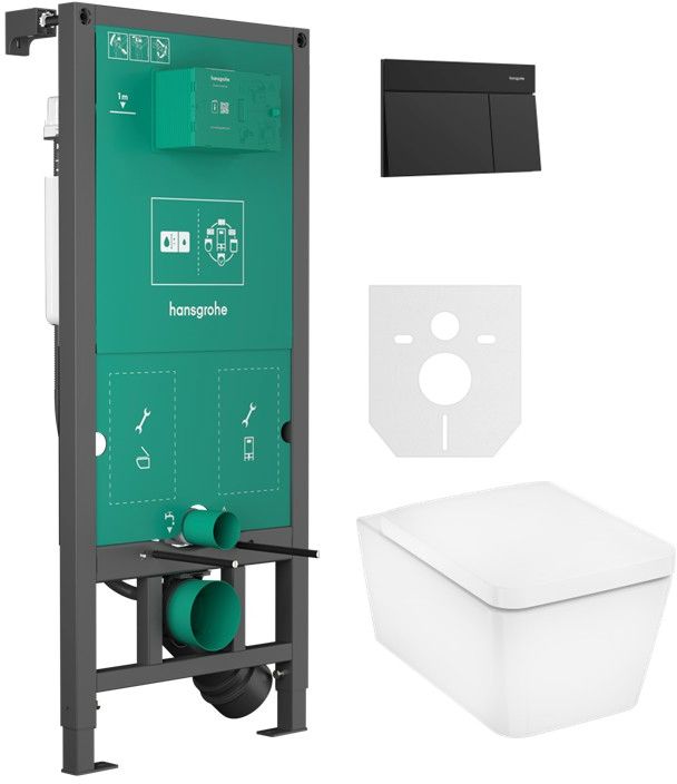 Készlet WC csésze lassú záródású ülőkével Hansgrohe EluPura Q 60293450, öblítő gomb Hansgrohe Element E 66003670, 01022180