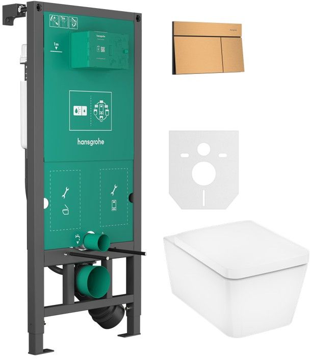 Készlet WC csésze lassú záródású ülőkével Hansgrohe EluPura Q 60293450, öblítő gomb Hansgrohe Element E 66003140, 01022180