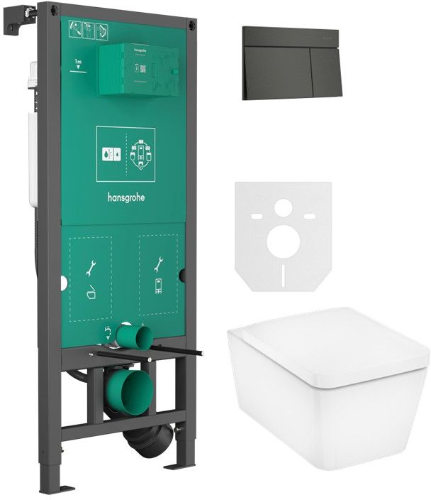 Készlet WC csésze lassú záródású ülőkével Hansgrohe EluPura Q 60293450, öblítő gomb Hansgrohe Element E 66003340, 01022180