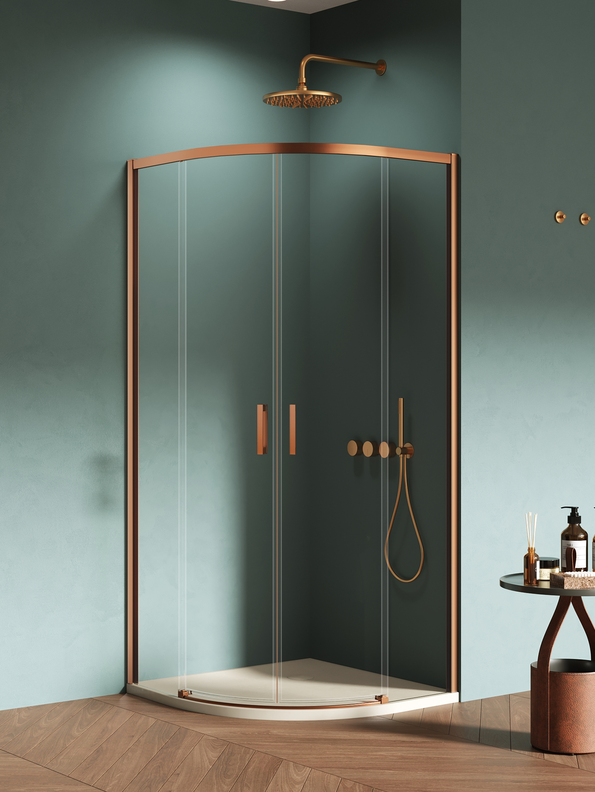 New Trendy Prime zuhanykabin 80x80 cm félkör alakú réz csiszolt/átlátszó üveg K-3590