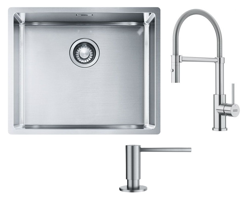 Készlet acél mosogató Franke Box 127.0453.656, konyhai csaptelep Franke Smart Glenda 115.0747.475, 112.0717.084