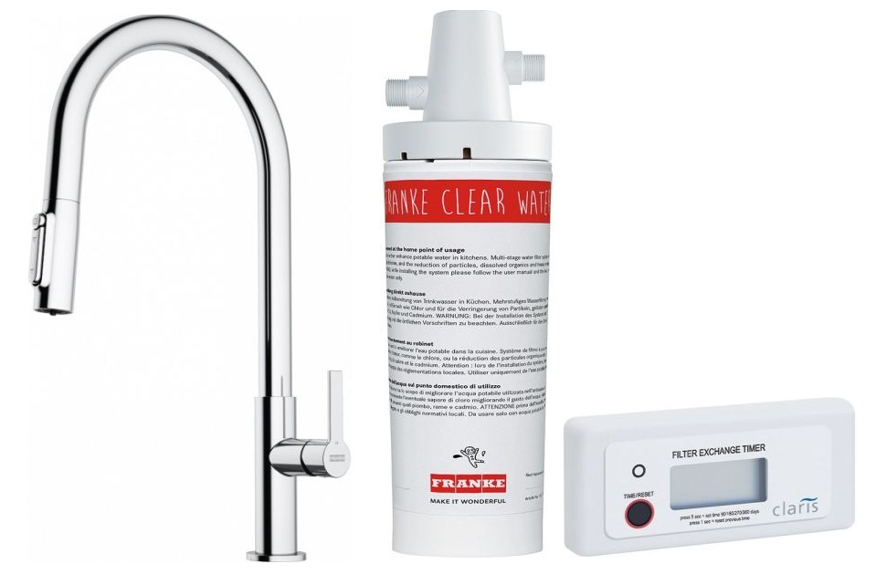 Készlet konyhai csaptelep Franke Maris Slim Clear Water J Pull-Out 120.0730.870, mosogató alatti szűrő Franke Clear Water 133.0284.025