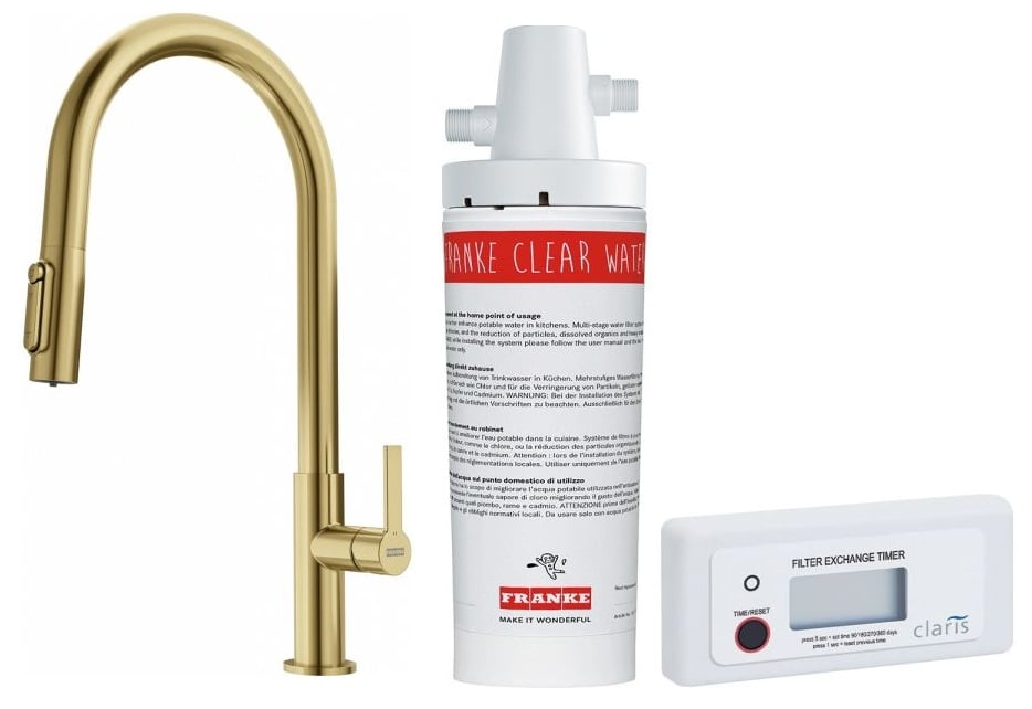 Készlet konyhai csaptelep Franke Maris Slim Clear Water J Pull-Out 120.0736.601, mosogató alatti szűrő Franke Clear Water 133.0284.025