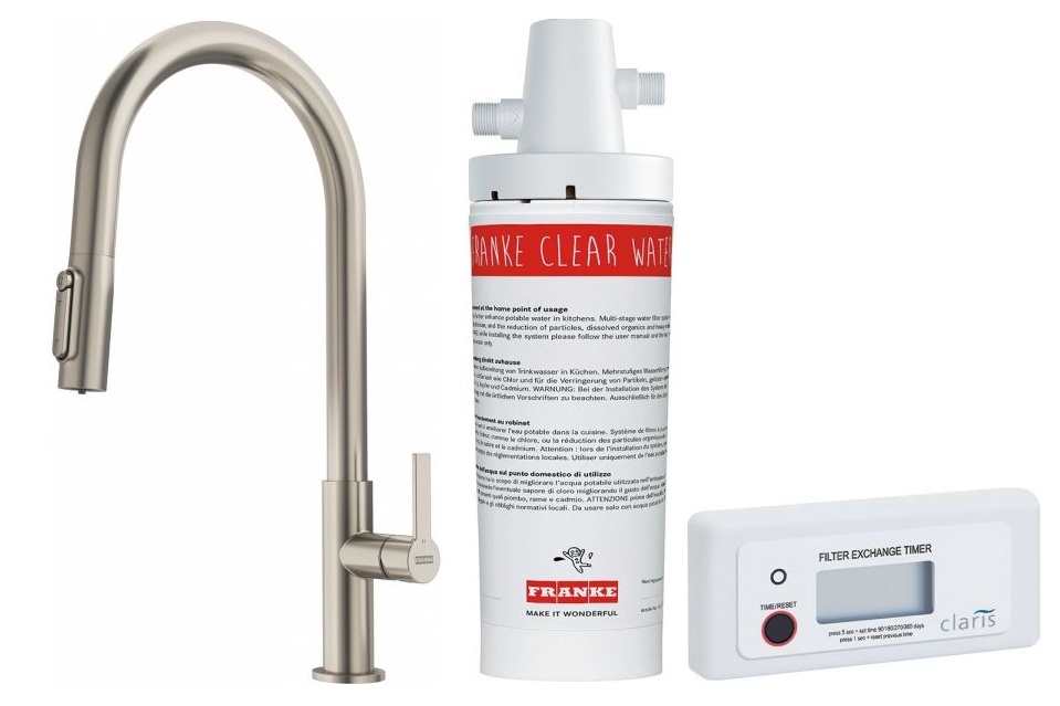 Készlet konyhai csaptelep Franke Maris Slim Clear Water J Pull-Out 120.0736.604, mosogató alatti szűrő Franke Clear Water 133.0284.025