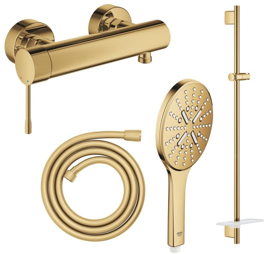 Készlet zuhanycsaptelep Grohe Essence 33636GL1, zuhanyrúd Grohe Rainshower 26603GL0, 26574GL0, 28388GL1