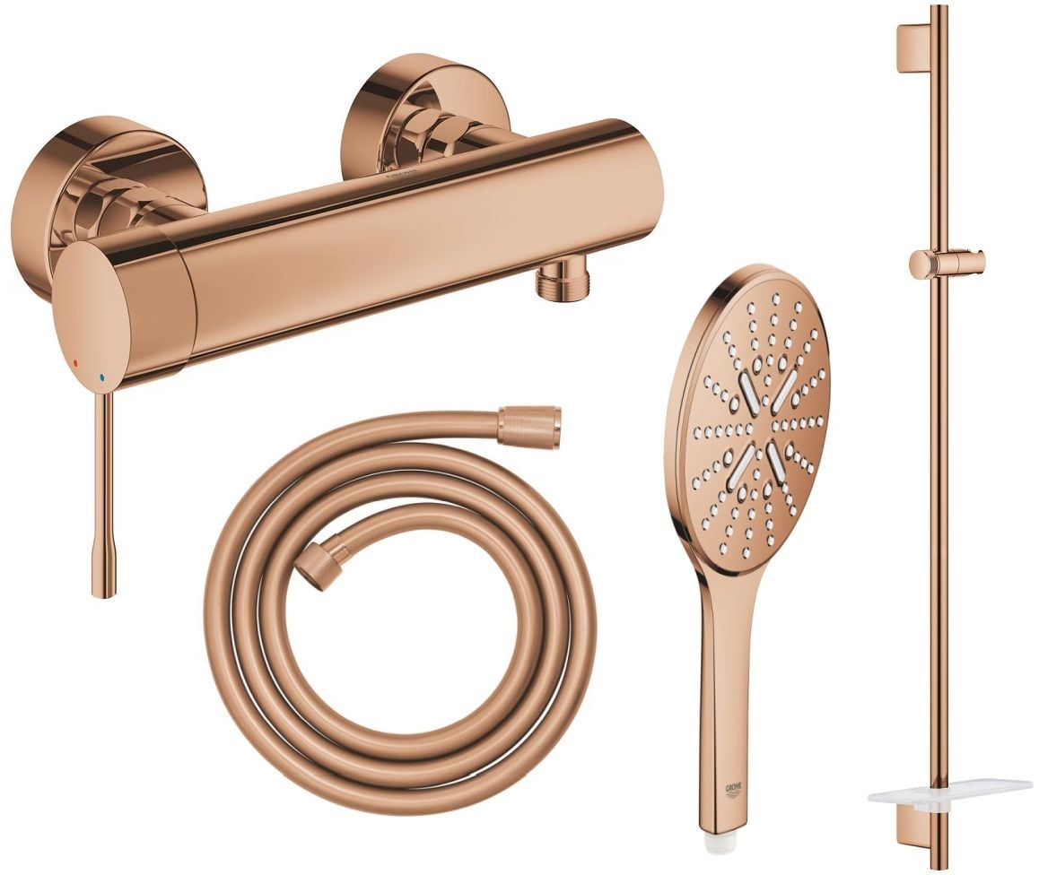 Készlet zuhanycsaptelep Grohe Essence 33636DA1, zuhanyrúd Grohe Rainshower 26603DA0, 26574DA0, 28388DA1
