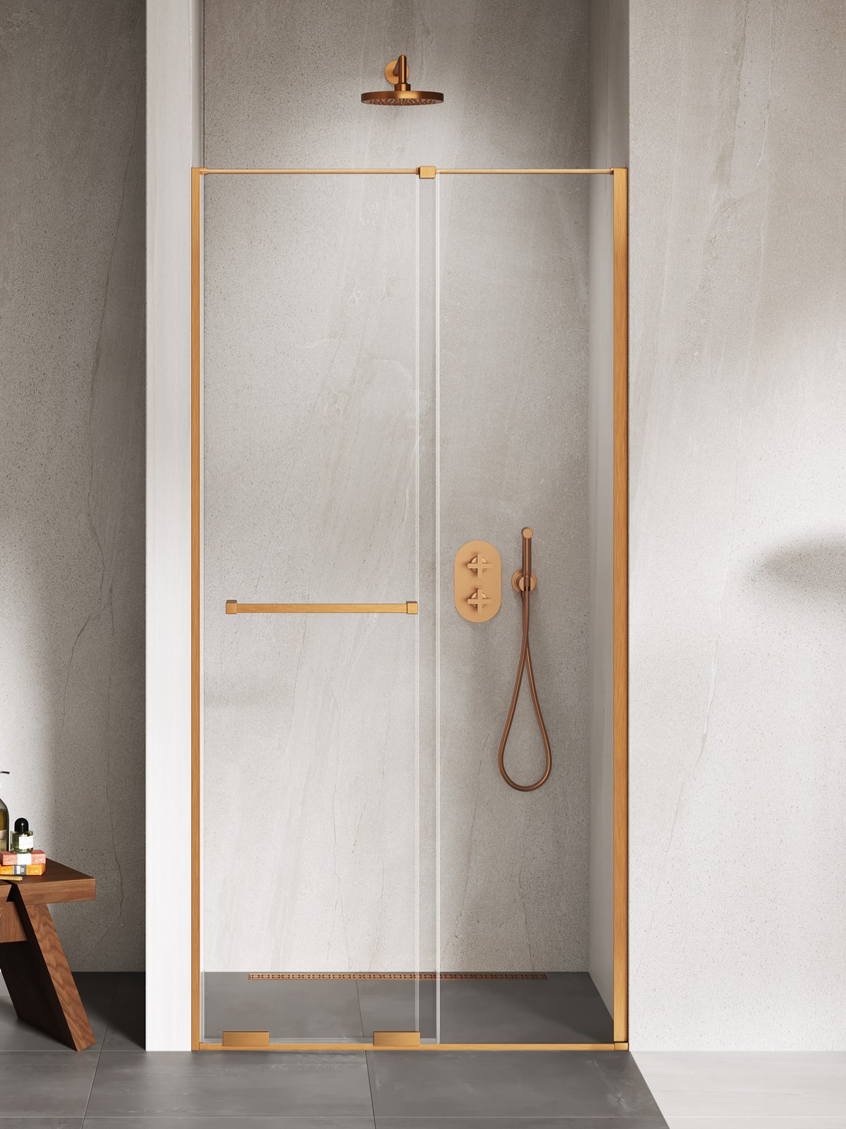 New Trendy Smart zuhanyajtók 100 cm tolható réz csiszolt/átlátszó üveg EXK-7652