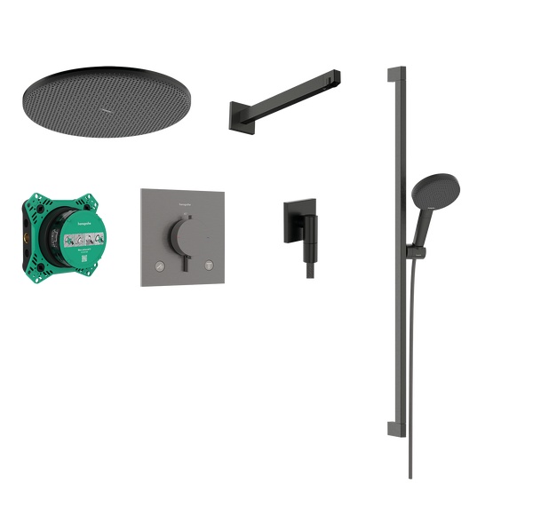 Hansgrohe Raindance Alive Select S zuhany készlet beépített termosztáttal trópusi zuhany opcióval fekete 24622340