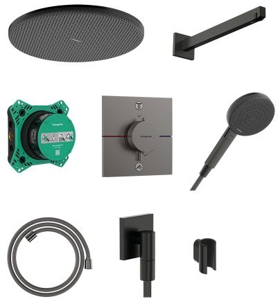 Hansgrohe Raindance Alive S zuhany készlet beépített termosztáttal trópusi zuhany opcióval fekete 24630340