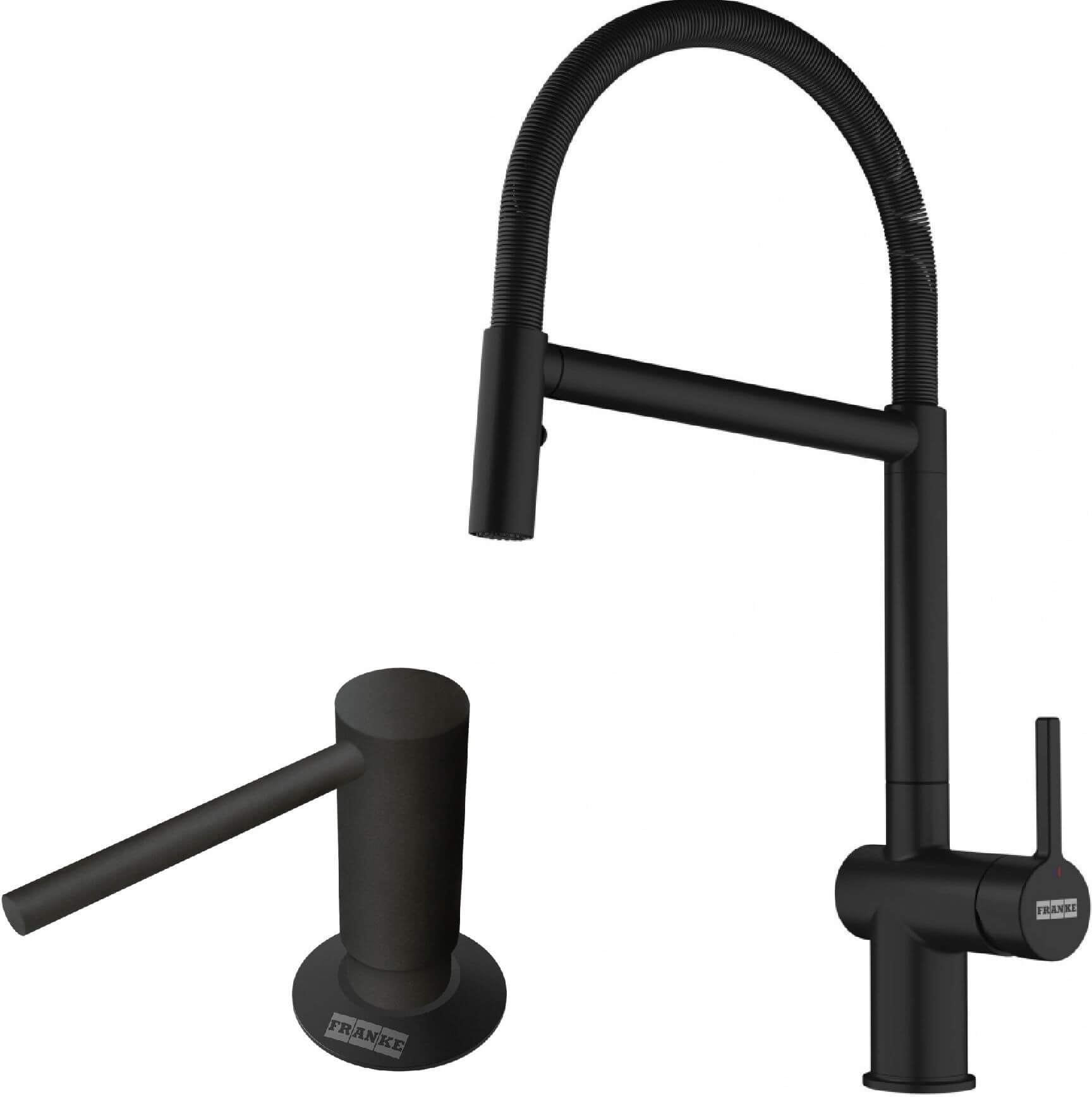 Készlet konyhai csaptelep Franke Active Semi Pro Spray 115.0653.409, folyadékadagoló Franke Comfort 112.0753.277