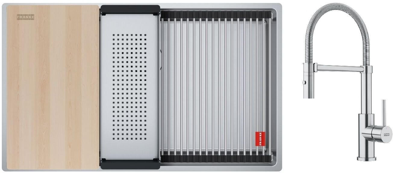 Készlet acél mosogató Franke Box 127.0749.859, konyhai csaptelep Franke Smart Glenda 115.0747.475