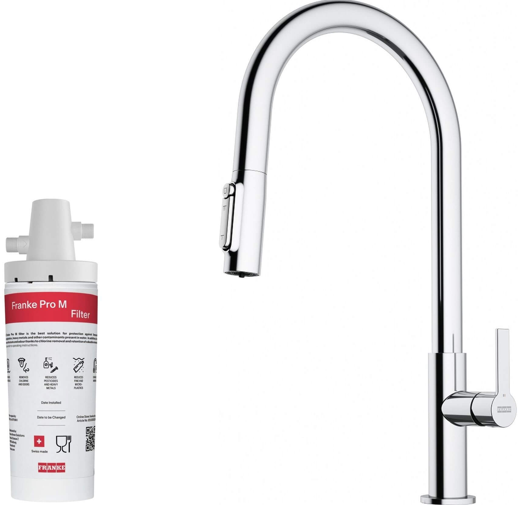 Készlet konyhai csaptelep Franke Maris Slim Clear Water J Pull-Out 120.0730.870, mosogató alatti szűrő Franke Pro M Connect 150.0752.886