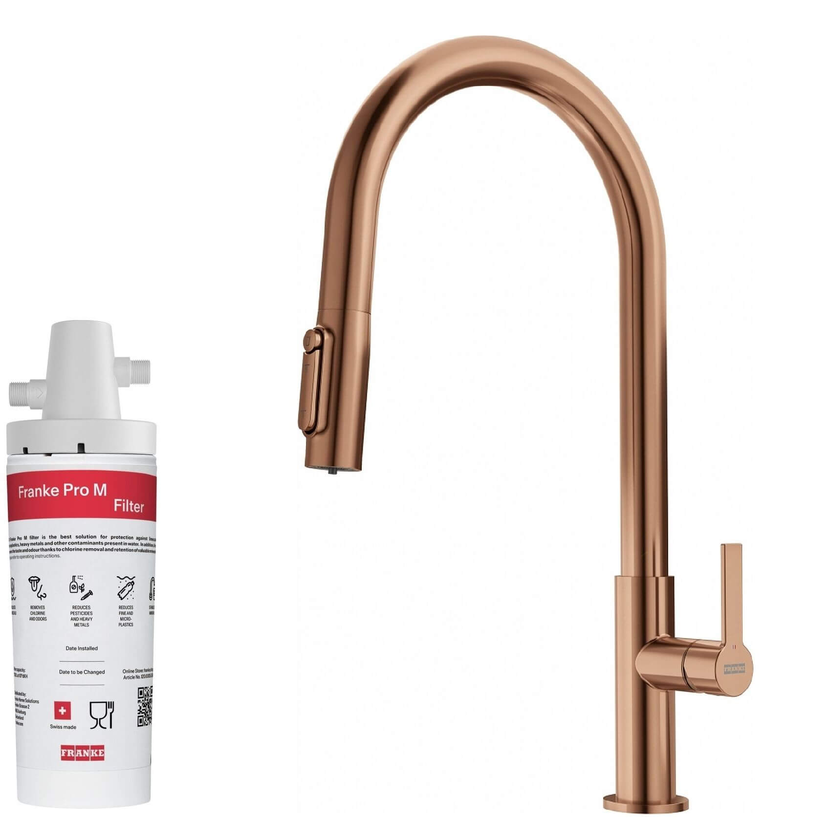 Készlet konyhai csaptelep Franke Maris Slim Clear Water J Pull-Out 120.0736.602, mosogató alatti szűrő Franke Pro M Connect 150.0752.886