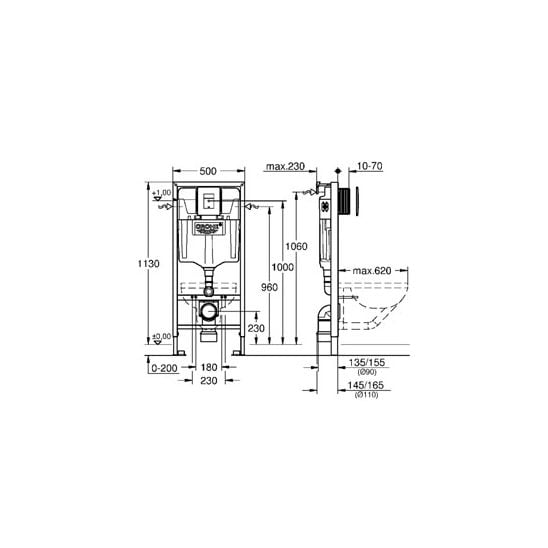 Készlet falsík alatti keret öblítőgombbal Grohe Rapid SL 39449000, WC csésze lassú záródású ülőkével Grohe Bau Ceramic 39351000