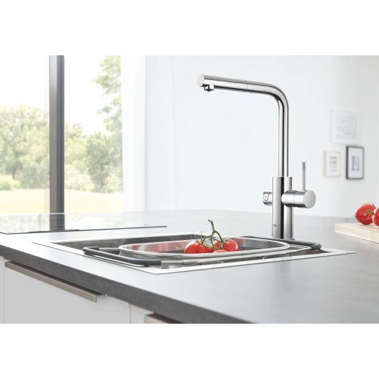 Készlet kezdőkészlet konyhai csapteleppel Grohe Blue 31539000, acél mosogató Grohe K700 31726SD0