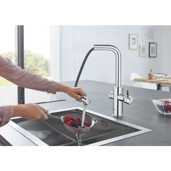 Készlet kezdőkészlet konyhai csapteleppel Grohe Blue 31539000, acél mosogató Grohe K700 31726SD0