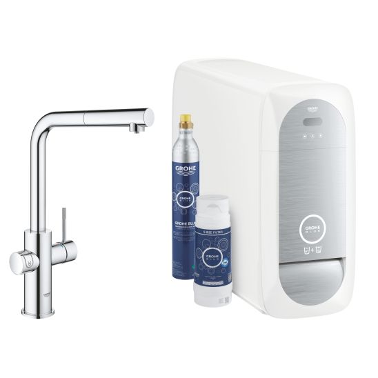 Készlet kezdőkészlet konyhai csapteleppel Grohe Blue 31539000, acél mosogató Grohe K700 31726SD0