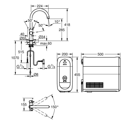 Készlet konyhai csaptelep szűrővel Grohe Blue 31455001, acél mosogató Grohe K700 31726SD0