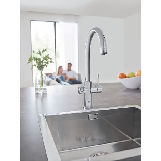 Készlet konyhai csaptelep szűrővel Grohe Blue 31455001, acél mosogató Grohe K700 31726SD0