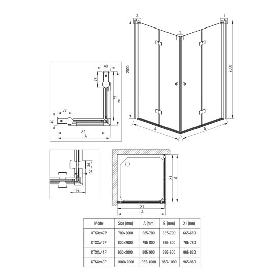 Készlet zuhanyajtók Deante Kerria Plus KTSX041P, zuhanykabin fal walk-in Deante Kerria Plus KTS_030P